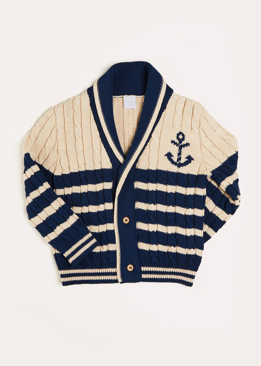 Anchor Motif Striped Cable Knit Cardigan in Navy (2-10yrs) Knitwear from Pepa London US