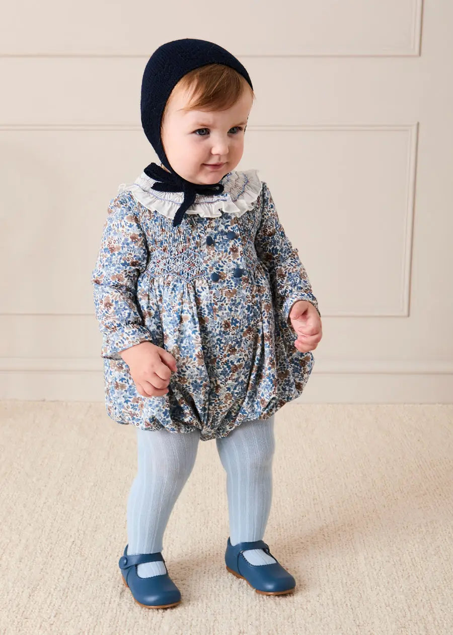 Beatrice Floral Hand Smocked Double Breasted Romper in Blue (6mths-3yrs) Rompers from Pepa London US