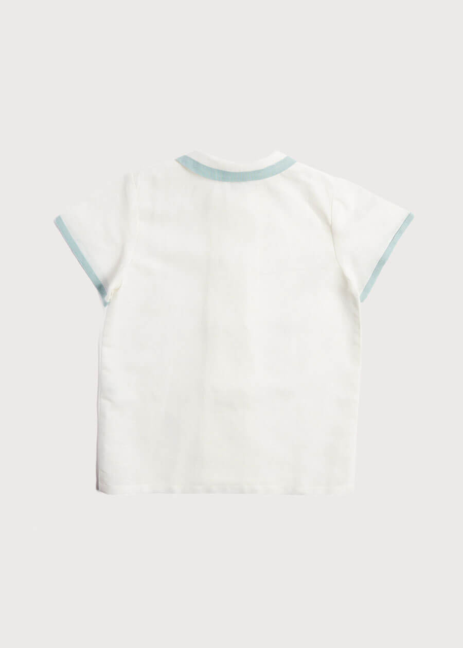 Linen Boys Celebration Shirt White with Teal Piping (3-10yrs) Shirts from Pepa London US
