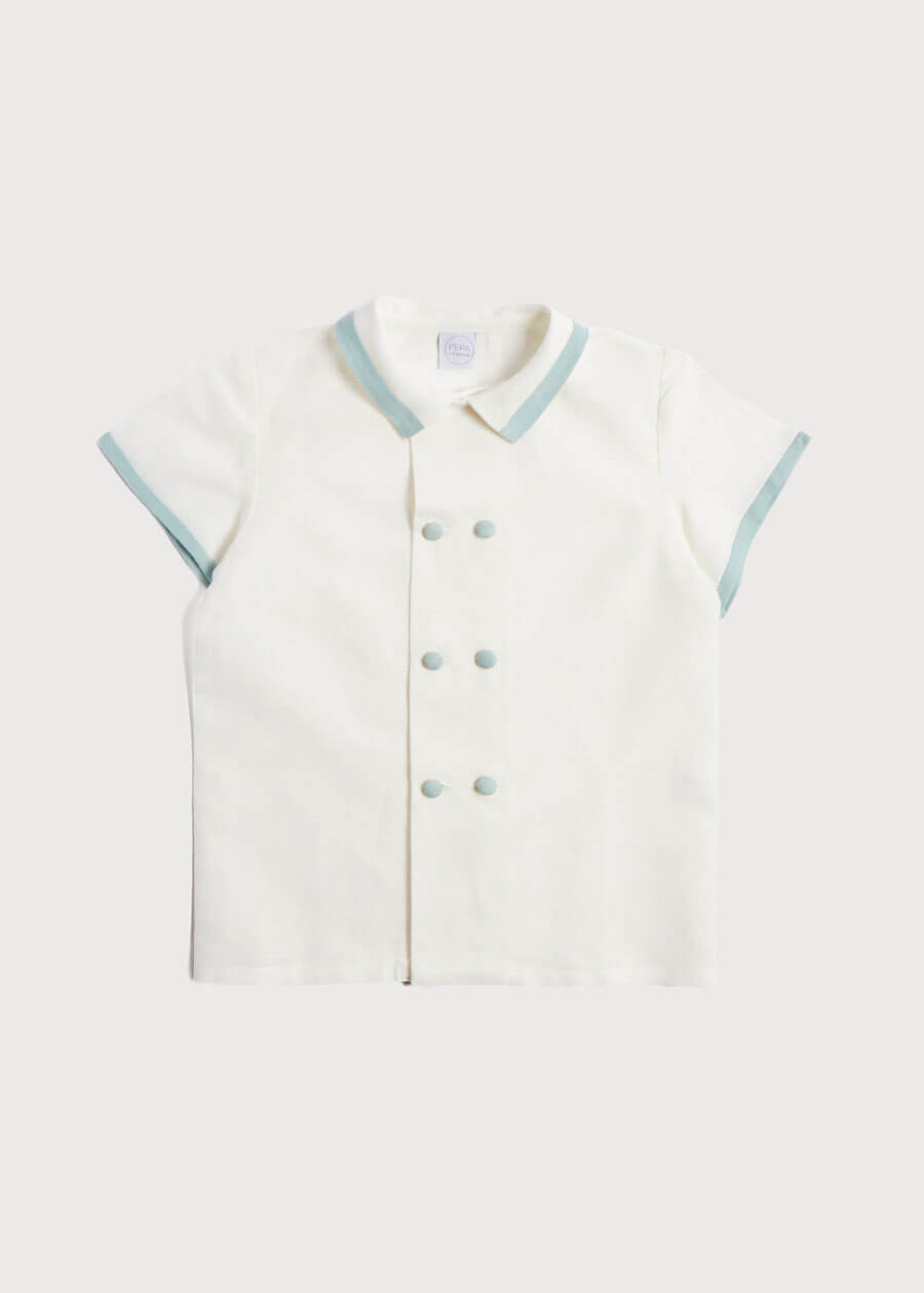 Linen Boys Celebration Shirt White with Teal Piping (3-10yrs) Shirts from Pepa London US