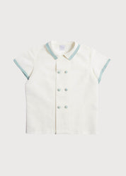 Linen Boys Celebration Shirt White with Teal Piping (3-10yrs) Shirts from Pepa London US