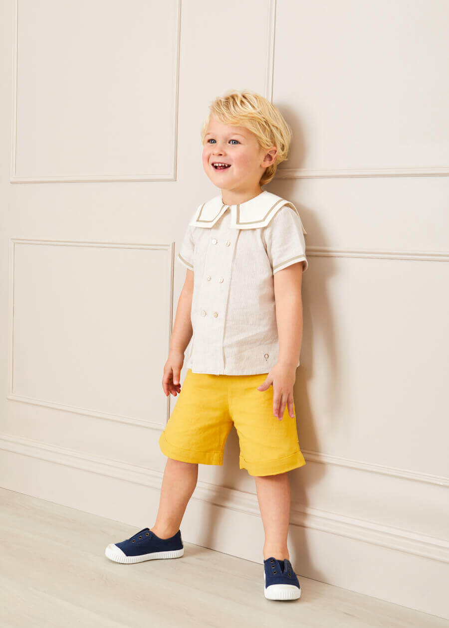 Striped Mariner Collar Short Sleeve Shirt in Beige (12mths-6yrs) Shirts from Pepa London US