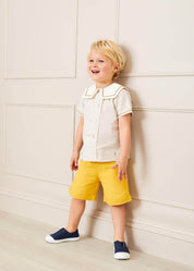 Striped Mariner Collar Short Sleeve Shirt in Beige (12mths-6yrs) Shirts from Pepa London US