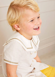 Striped Mariner Collar Short Sleeve Shirt in Beige (12mths-6yrs) Shirts from Pepa London US