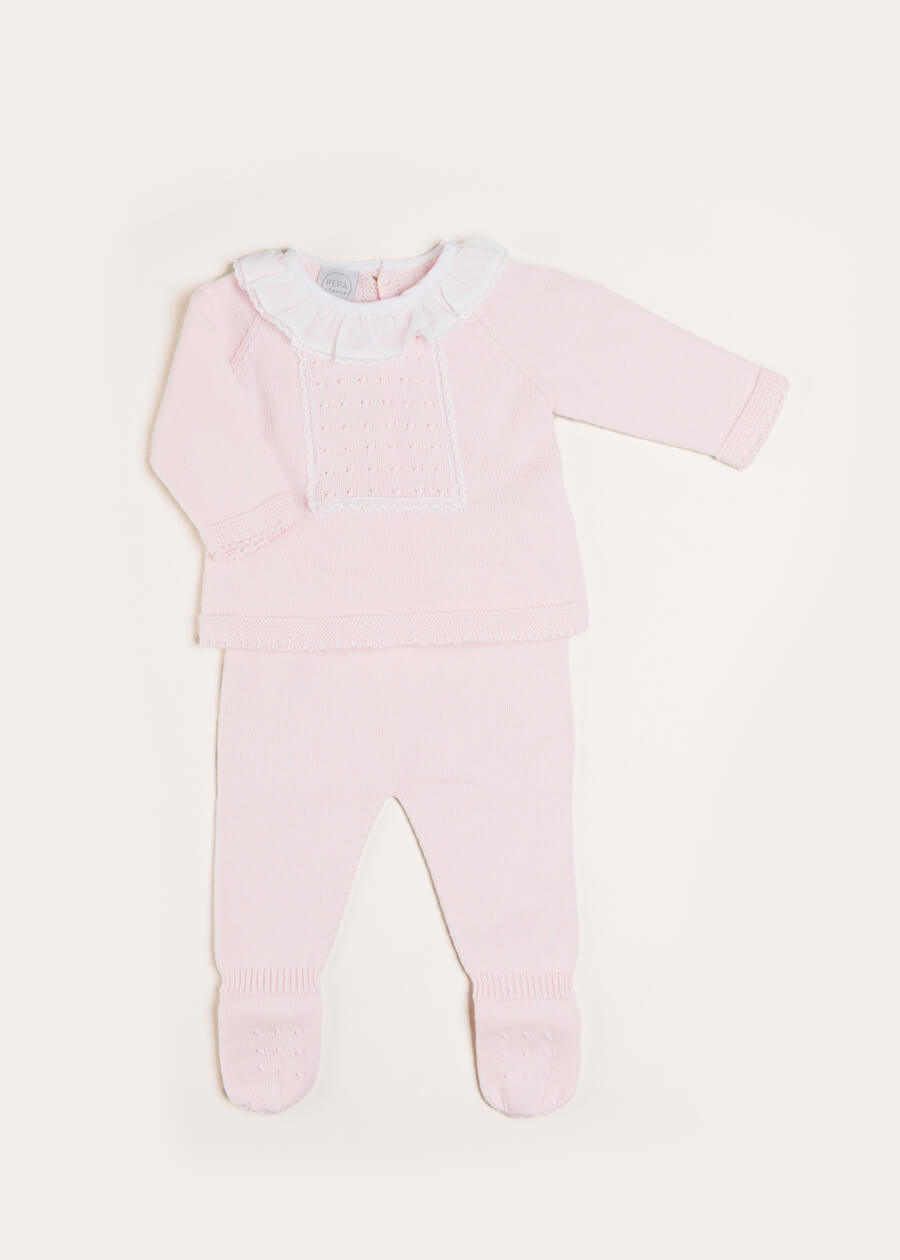 Lace Trim Ruffle Collar Knitted Set in Pink (1-12mths) Knitted Sets from Pepa London US