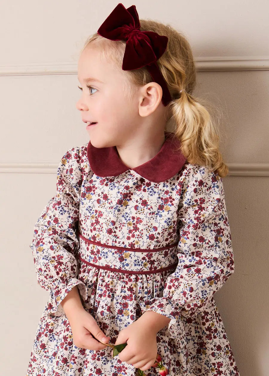 Louisa Floral Velvet Collar Long Sleeve Dress in Burgundy (18mths-10yrs) Dresses from Pepa London US