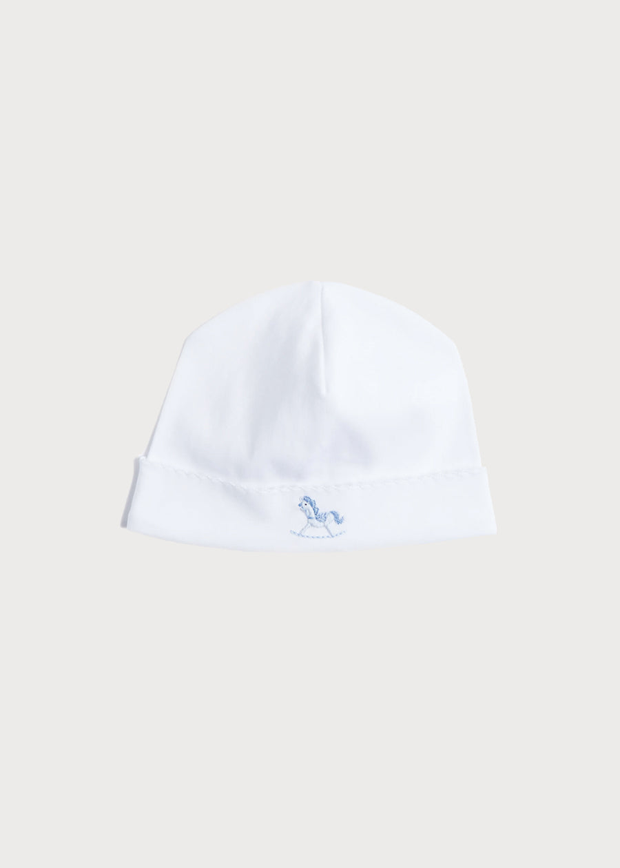 Newborn Bonnet with Rocking Horse Embroidery Blue (0-3mths) Knitted Accessories from Pepa London US