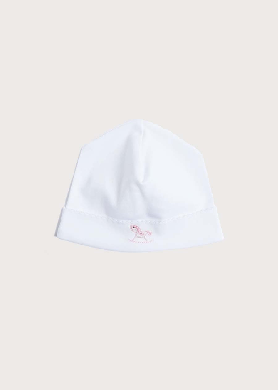 Newborn Bonnet with Rocking Horse Embroidery Pink (0-3mths) Knitted Accessories from Pepa London US