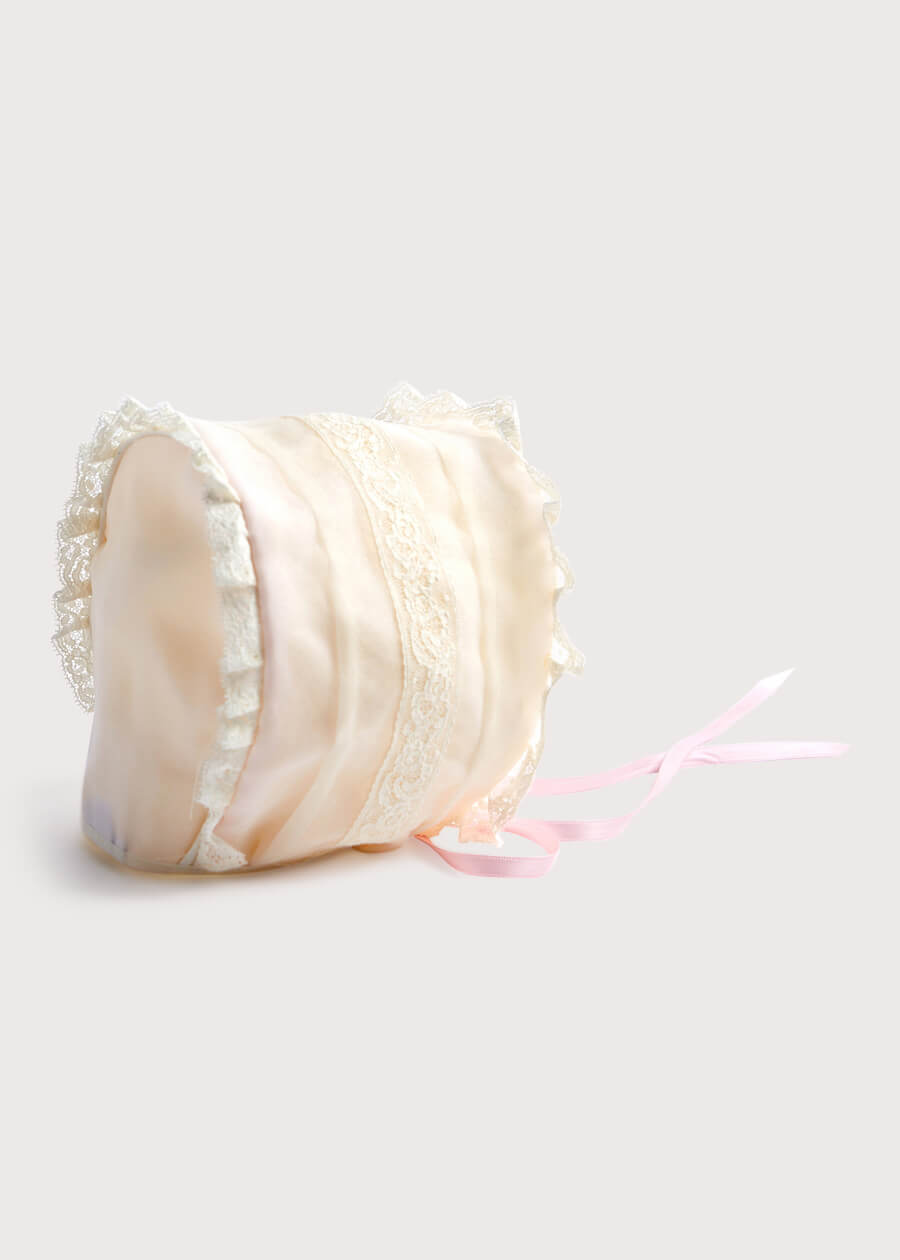 Pink Lace Christening Bonnet with Frill (3mths-2yrs) Accessories  from Pepa London US