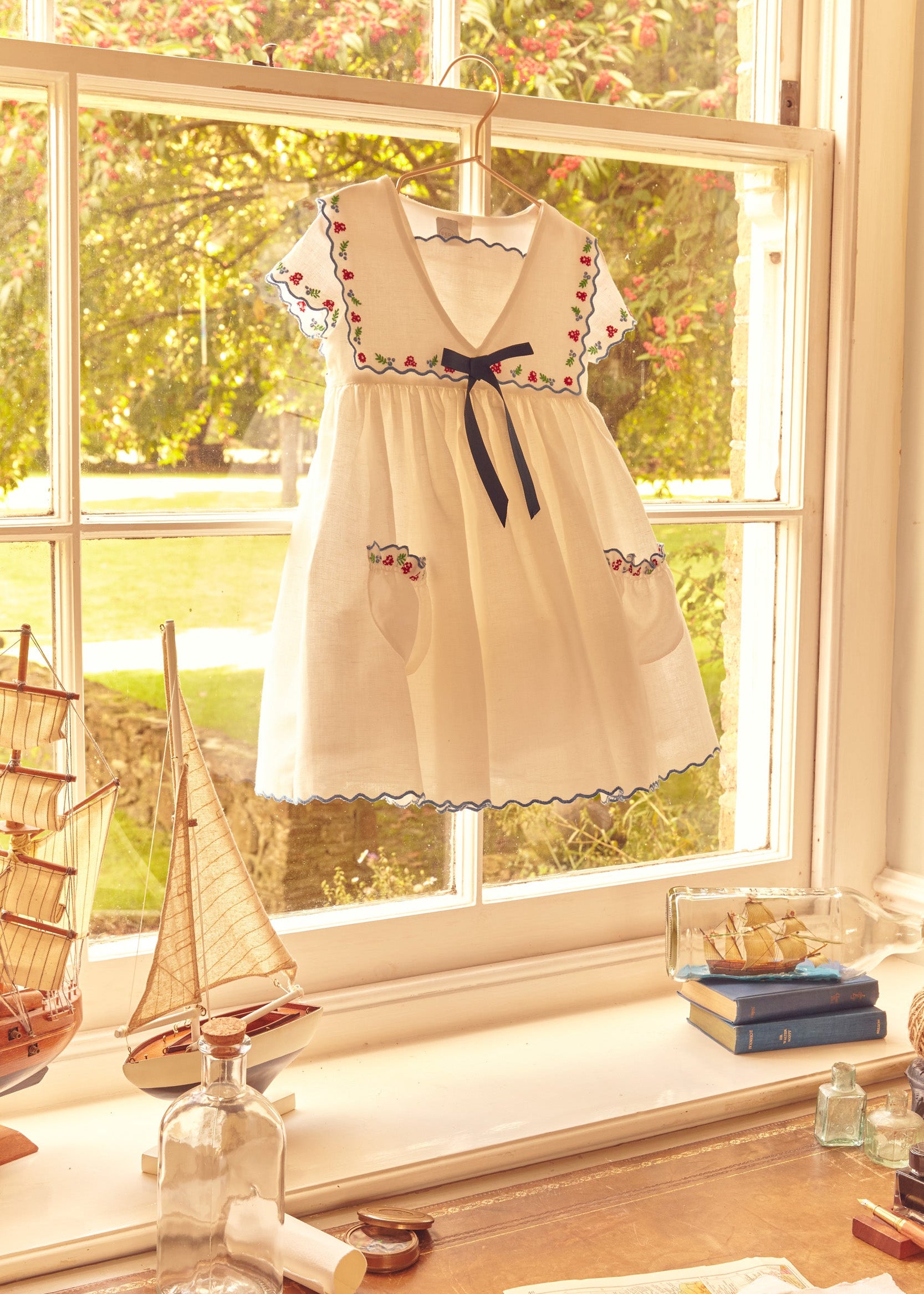 Embroidered Mariner Collar Short Sleeve Dress in White (12mths-10yrs) DRESSES from Pepa London US