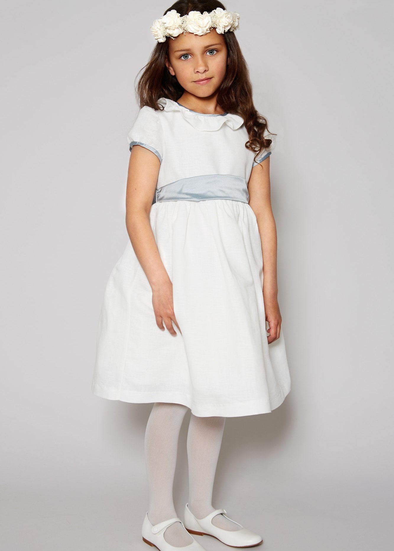 Flower Girl Ivory Dress with Blue Silk Sash (6mths-10yrs) Dresses from Pepa London US