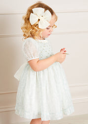 Constance Floral Print Hand Smocked Short Sleeve Party Dress in Light Green (12m-10yrs) Dresses from Pepa London US