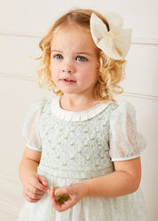 Constance Floral Print Hand Smocked Short Sleeve Party Dress in Light Green (12m-10yrs) Dresses from Pepa London US