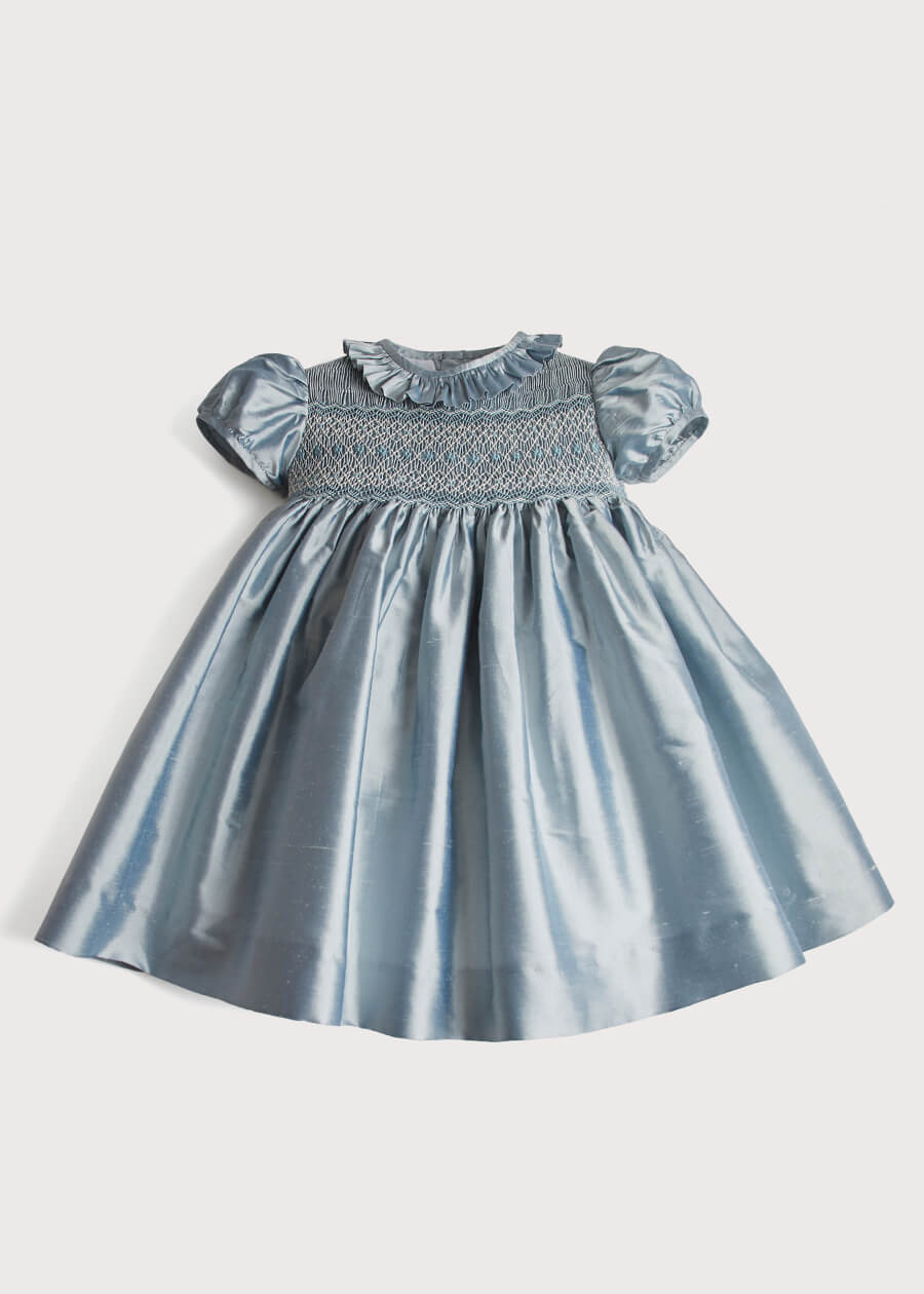 Girls Silk Hand Smocked Celebration Dress in Blue (6mths-10yrs) Dresses from Pepa London US