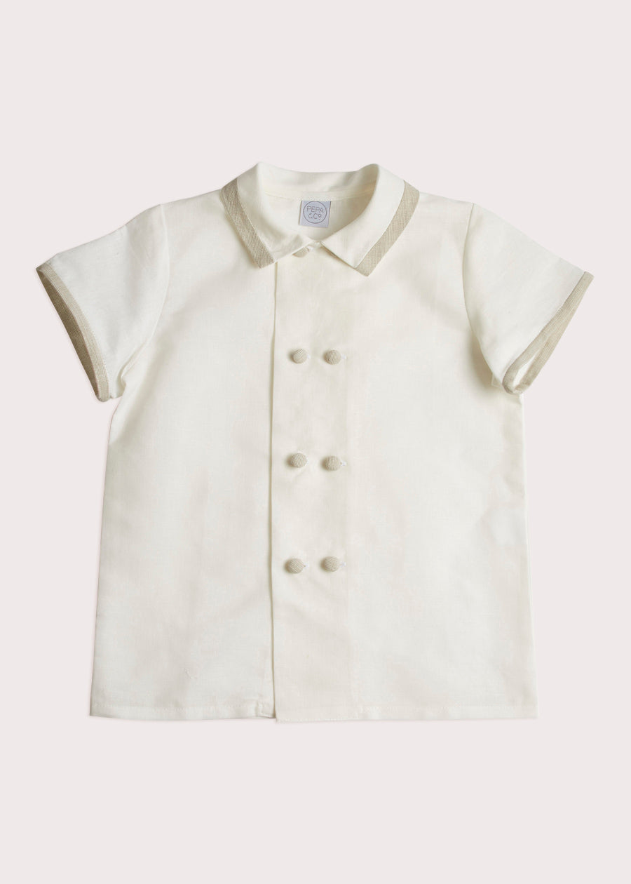 Linen Boys Celebration Shirt White with Beige Piping (4-10yrs) Shirts  from Pepa London US