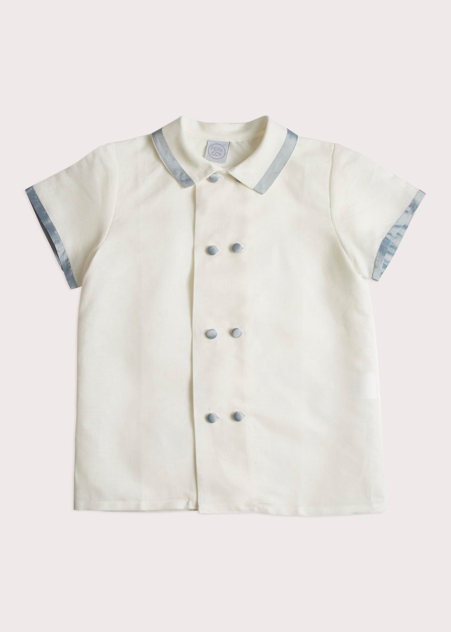 Linen Boys Celebration Shirt White with Blue Silk piping (3-10yrs) Shirts from Pepa London US