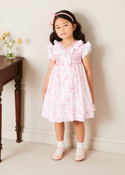 Audrey Toile Hand Smocked Double Breasted Sleeveless Dress in Pink (12mths-10yrs) DRESSES from Pepa London US