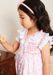 Audrey Toile Hand Smocked Double Breasted Sleeveless Dress in Pink (12mths-10yrs) DRESSES from Pepa London US