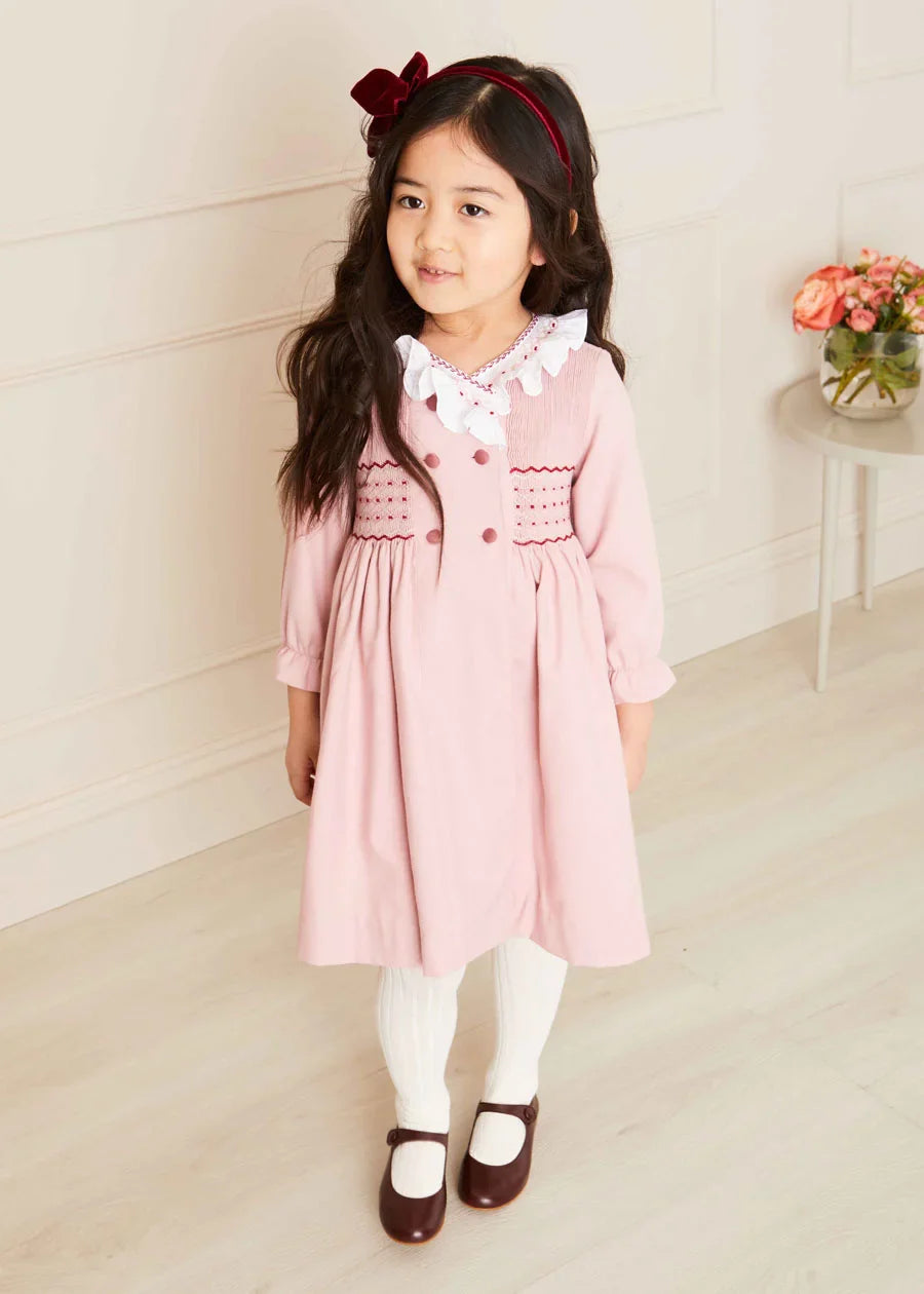 Hand Smocked Double Breasted Long Sleeve Dress in Pink (12mths-10yrs) Dresses from Pepa London US