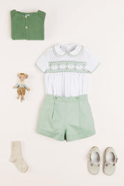 Hand Smocked Peter Pan Collar Short Sleeve Two Piece Set in Green (18mths-6yrs) Two Piece Set from Pepa London US