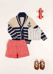 Anchor Motif Striped Cable Knit Cardigan in Navy (2-10yrs) Knitwear from Pepa London US