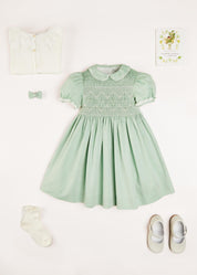 Hand Smocked Peter Pan Collar Short Sleeve Dress in Green (12mths-10yrs) Dresses from Pepa London US