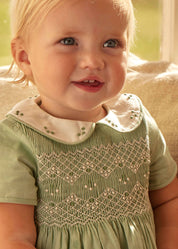 Peter Pan Collar Hand Smocked Short Sleeve Romper in Green (3mths-2yrs) Rompers from Pepa London US