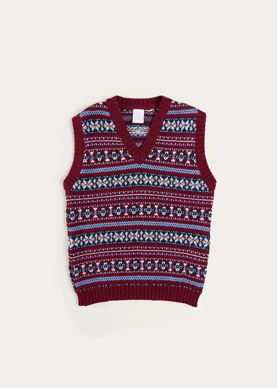 Jacquard Knit Sweater Vest in Burgundy (4-10yrs) Knitwear from Pepa London US