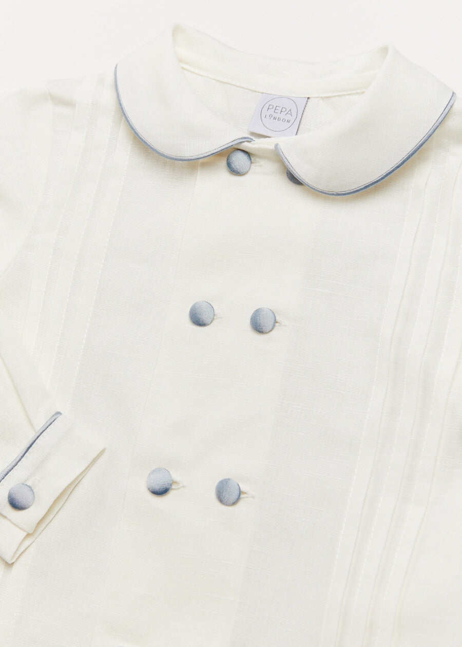 Double-Breasted Peter Pan Collar Long Sleeve Shirt with Blue Silk Piping (18mths-10yrs) Shirts from Pepa London US