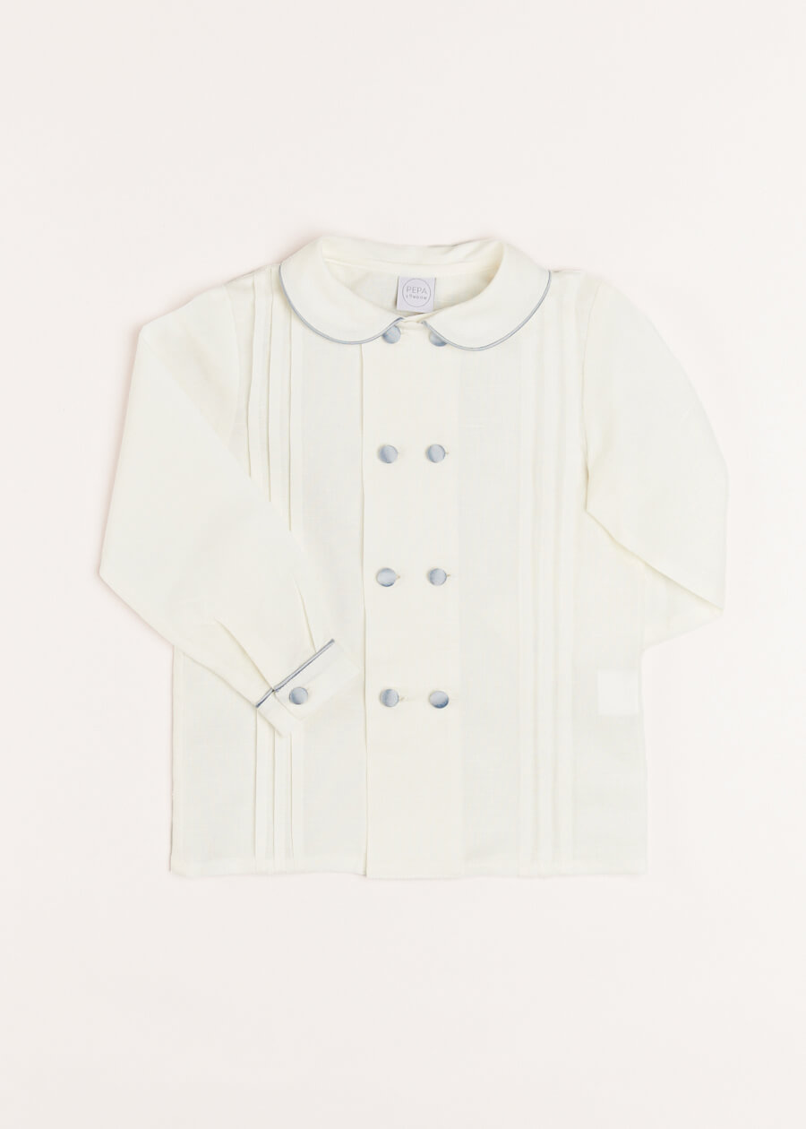Double-Breasted Peter Pan Collar Long Sleeve Shirt with Blue Silk Piping (18mths-10yrs) Shirts from Pepa London US