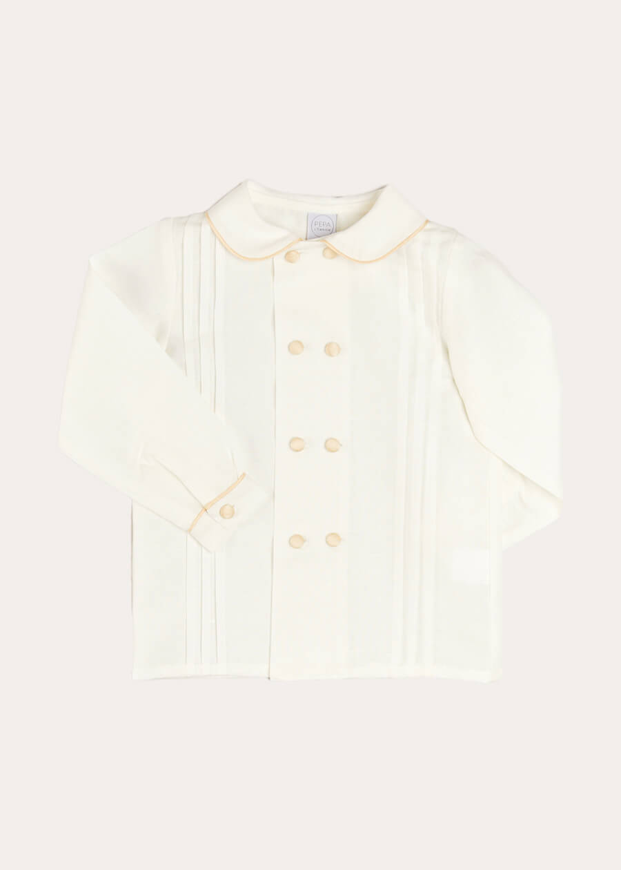 Double-Breasted Peter Pan Collar Long Sleeve Shirt with Beige Silk Piping (18mths-10yrs) Shirts from Pepa London US