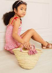 Annie Floral Print Bow Detail Straw Bag in Pink (S-M) Accessories  from Pepa London US