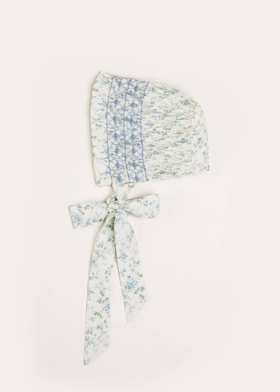 Floral Hand Smocked Bonnet in Blue Rompers from Pepa London US