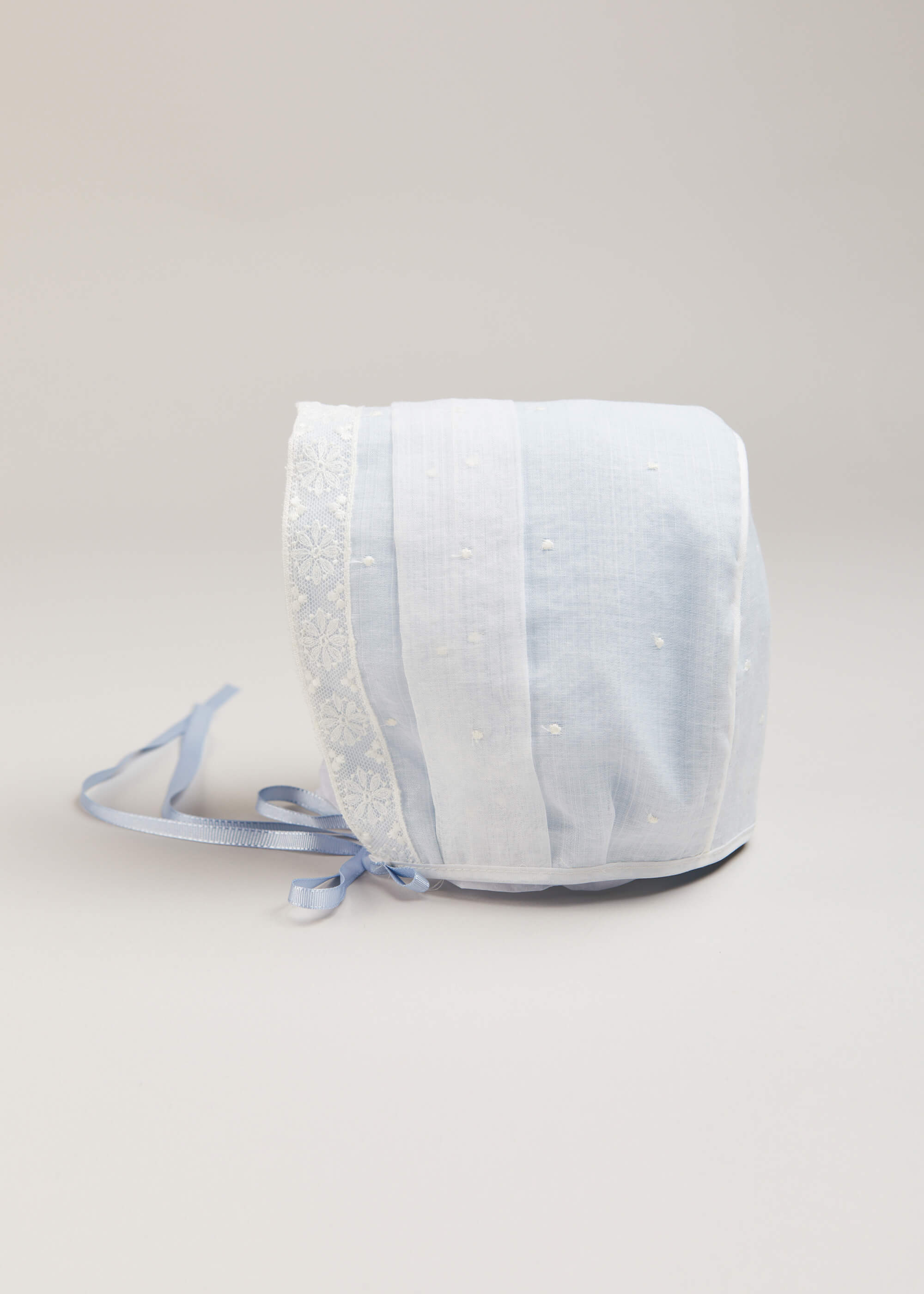 The Skye Lace Trim Embroidered Bonnet in Pale Blue (3mths-2yrs) BONNETS from Pepa London US