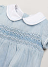 Hand Smocked Peter Pan Collar Short Sleeve Romper in Blue (3-18mths) Rompers from Pepa London US