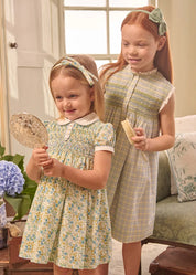 Louisa Floral Hand Smocked Short Sleeve Dress in Blue (18mths- 10yrs) DRESSES from Pepa London US