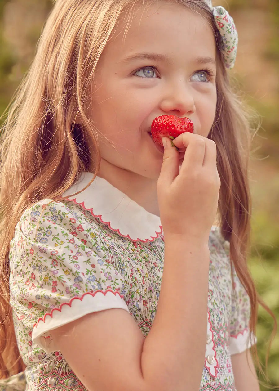 Cordelia Floral Hand-Smocked Short Sleeve Dress in Pink Made with Liberty Fabric (12m-6yrs) DRESSES from Pepa London US