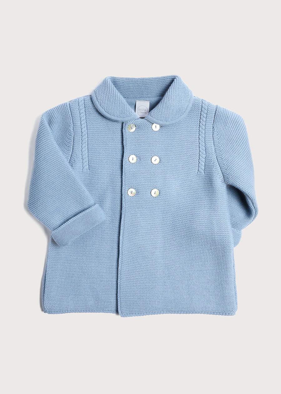 Double Breasted Knitted Buttoned Coat in Blue (6mths-2yrs) Knitwear from Pepa London US