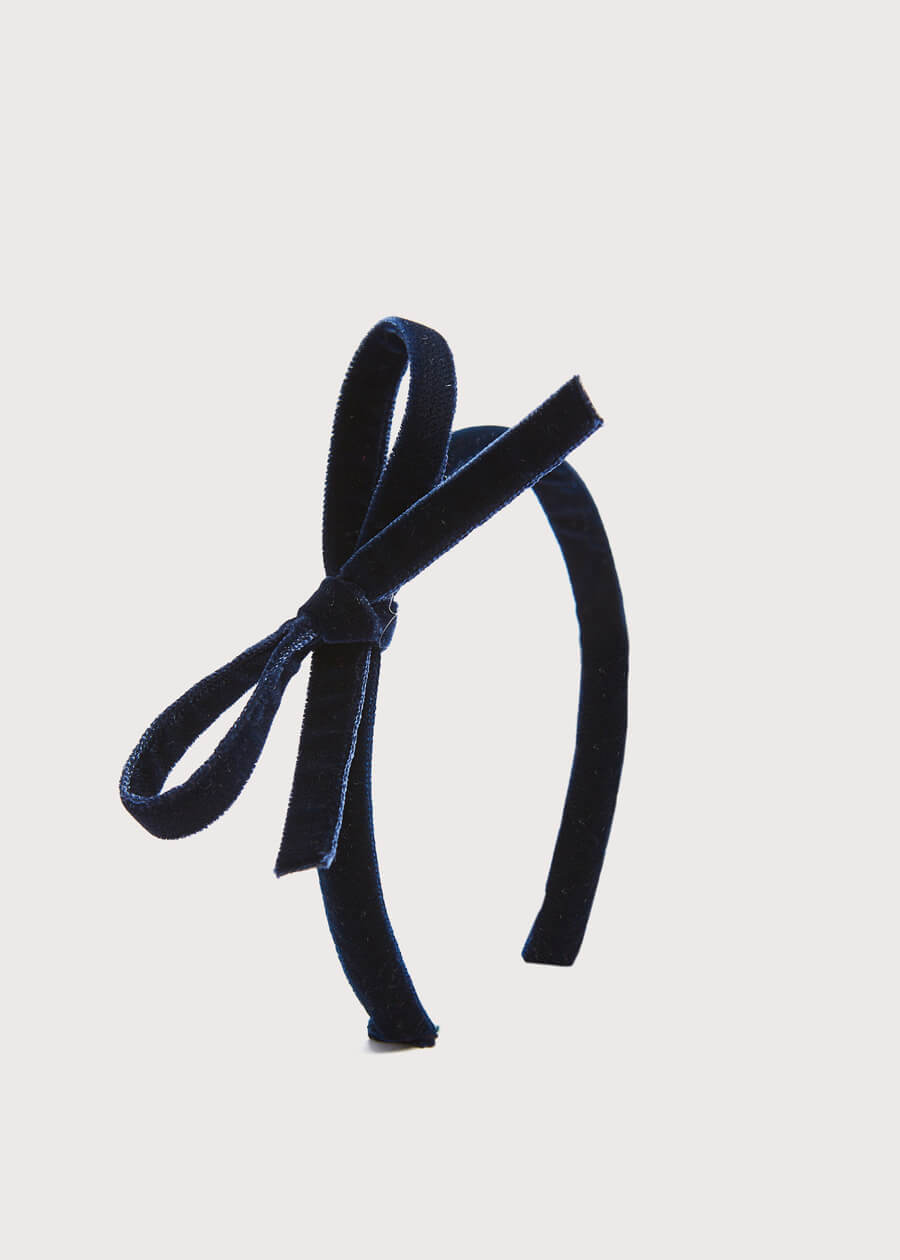 Velvet Hairband with Thin Navy Bow Hair Accessories from Pepa London US