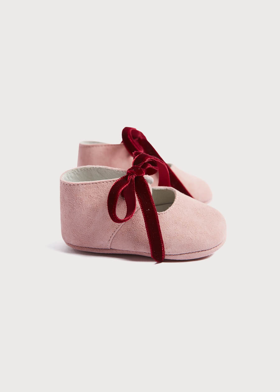 Suede Pink Baby Pram Shoes with Velvet Ribbon (17-20EU) SHOES from Pepa London US