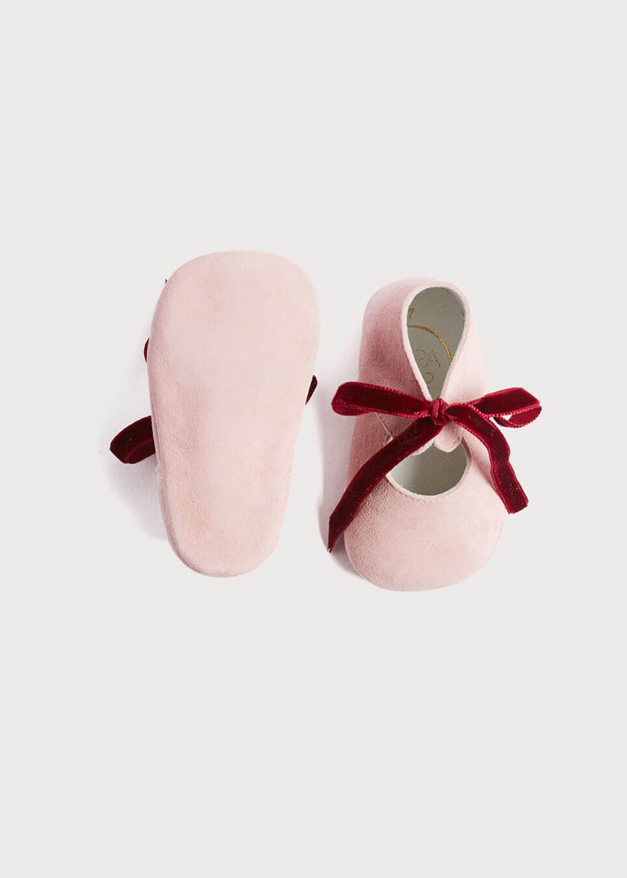 Suede Pink Baby Pram Shoes with Velvet Ribbon (17-20EU) SHOES from Pepa London US