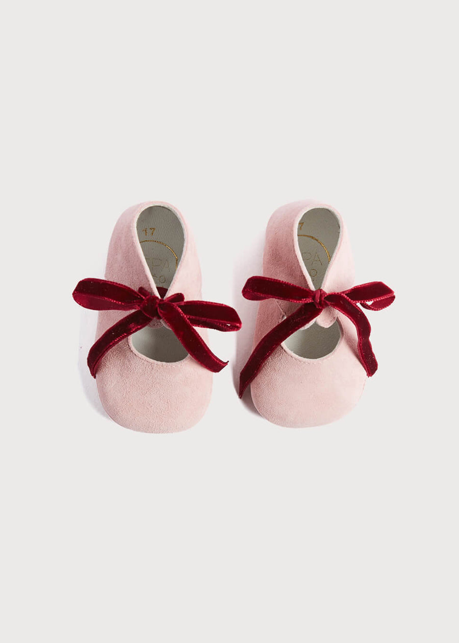 Suede Pink Baby Pram Shoes with Velvet Ribbon (17-20EU) SHOES from Pepa London US