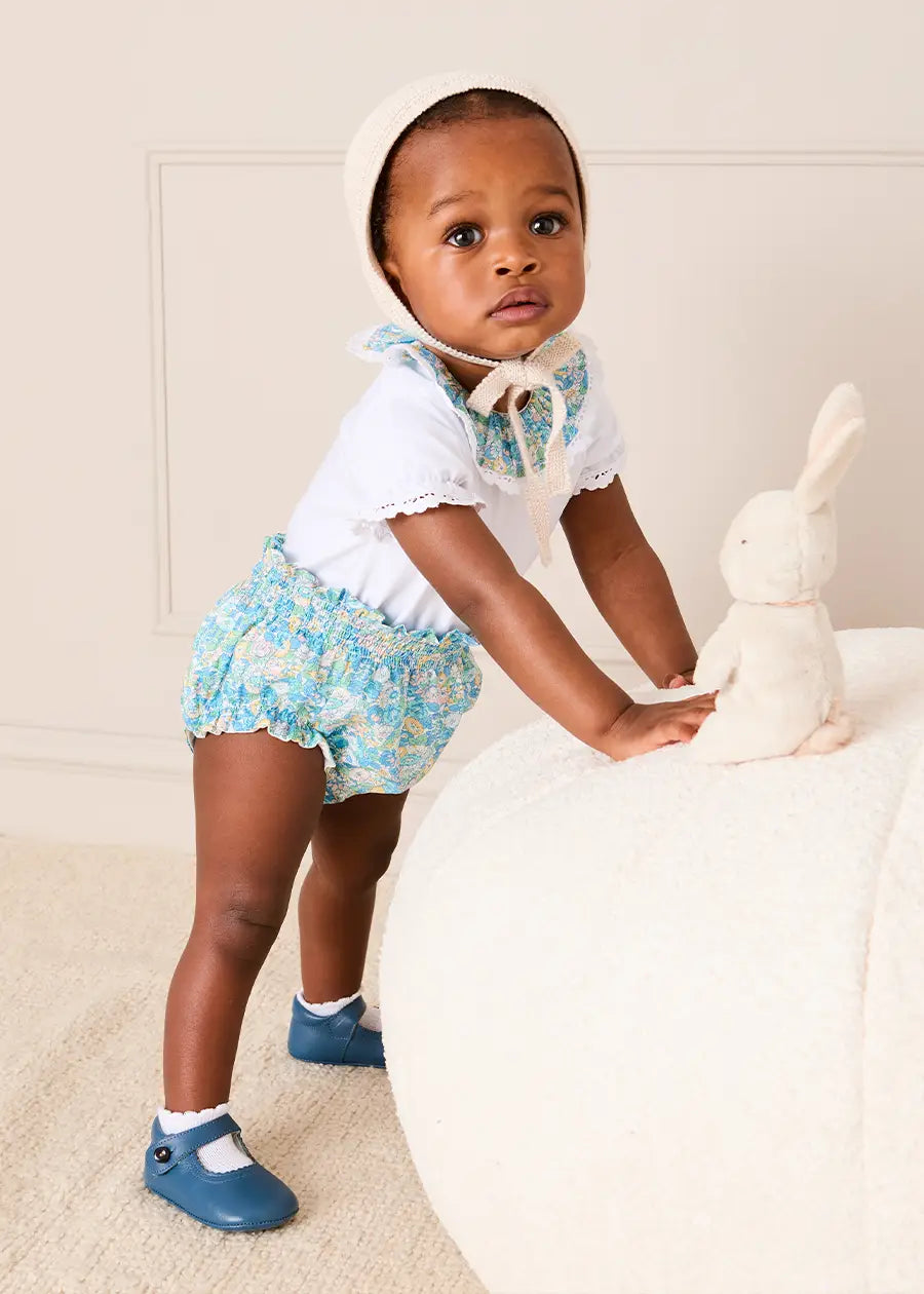 Leontyne Floral Ruffle Collar Lace Detail Bodysuit in Blue Made with Liberty Fabric (1mth-3yrs) Tops & Bodysuits from Pepa London US