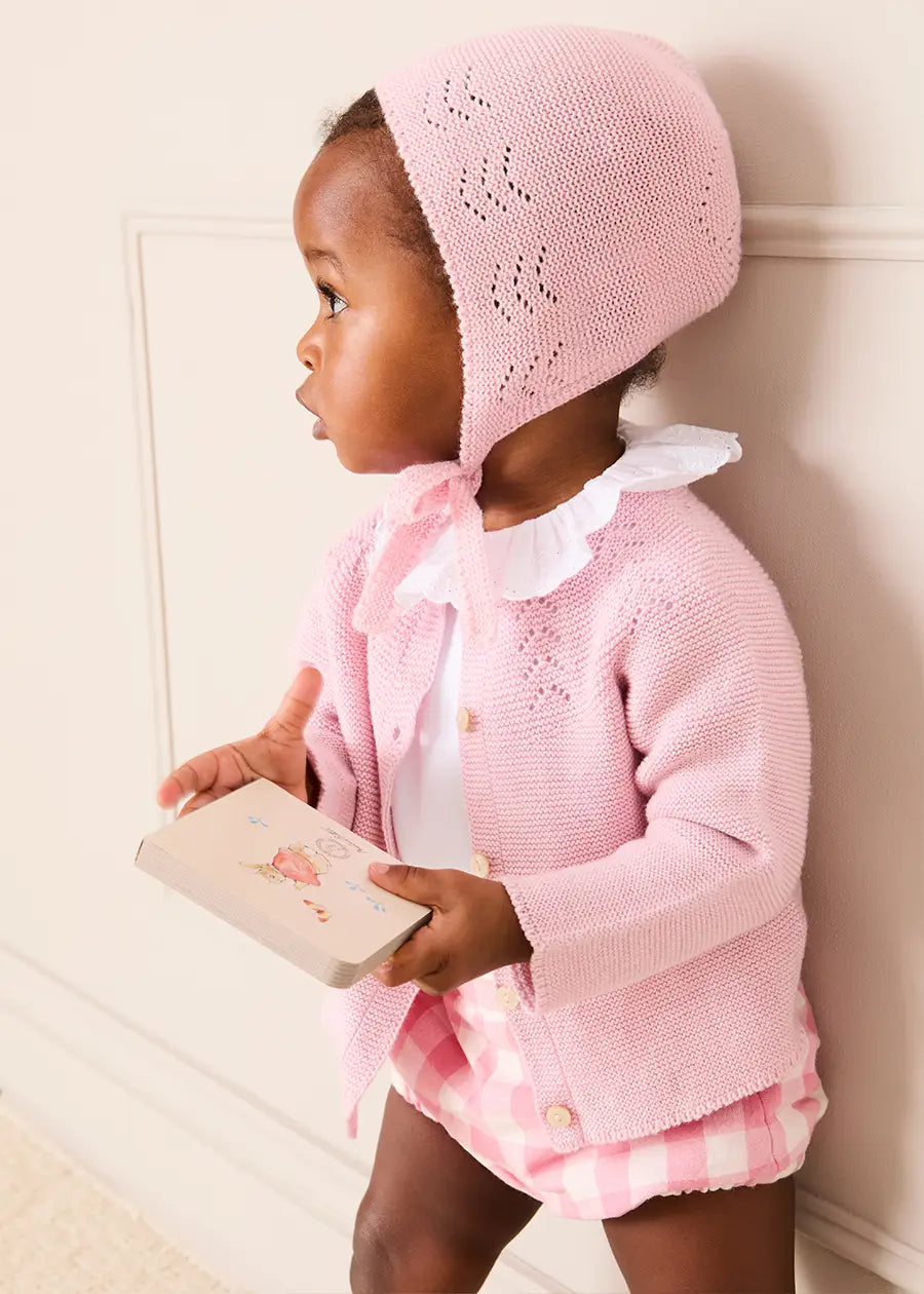 Openwork Cotton Knitted Bonnet in Pink (S-L) BONNETS from Pepa London US