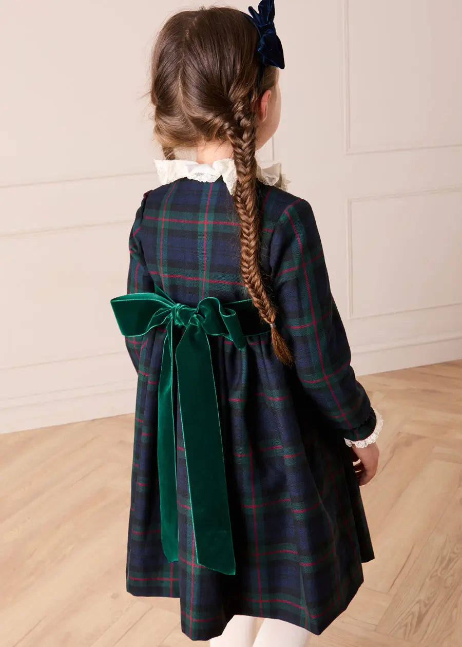 Kinnerton Tartan Double Breasted Velvet Bow Dress in Green (12mths-12yrs) Dresses from Pepa London US