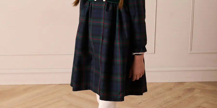 Kinnerton Tartan Double Breasted Velvet Bow Dress in Green (12mths-12yrs) Dresses from Pepa London US