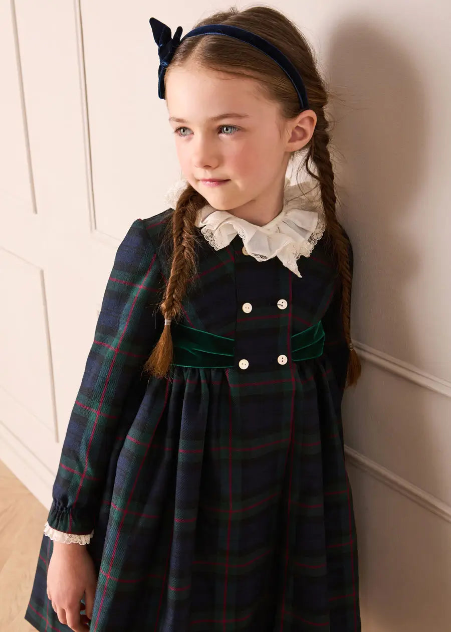 Kinnerton Tartan Double Breasted Velvet Bow Dress in Green (12mths-12yrs) Dresses from Pepa London US