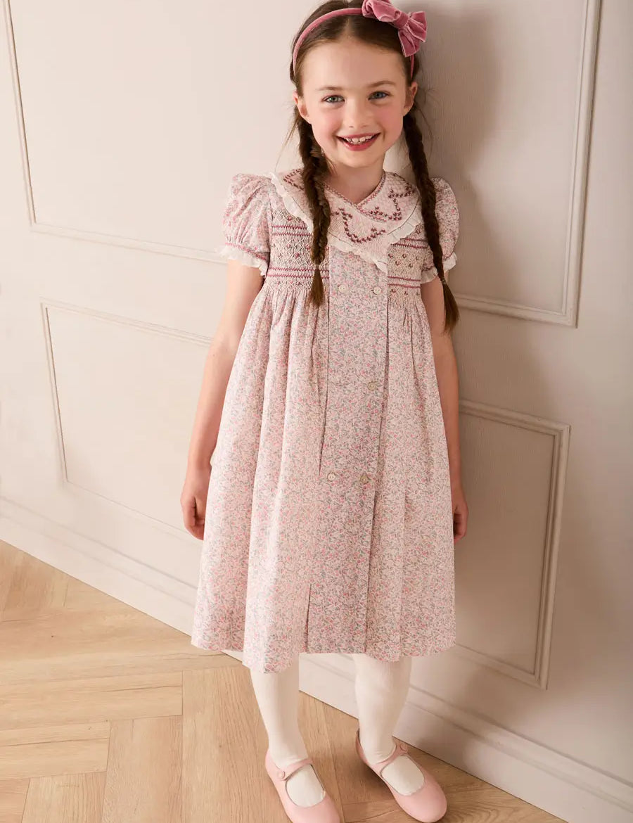 Adelaide Floral Double Breasted Embroidered Long Sleeve Dress in Pink (18mths-10yrs) Dresses from Pepa London US