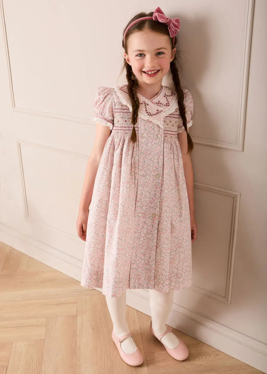 Adelaide Floral Double Breasted Embroidered Long Sleeve Dress in Pink (18mths-10yrs) Dresses from Pepa London US