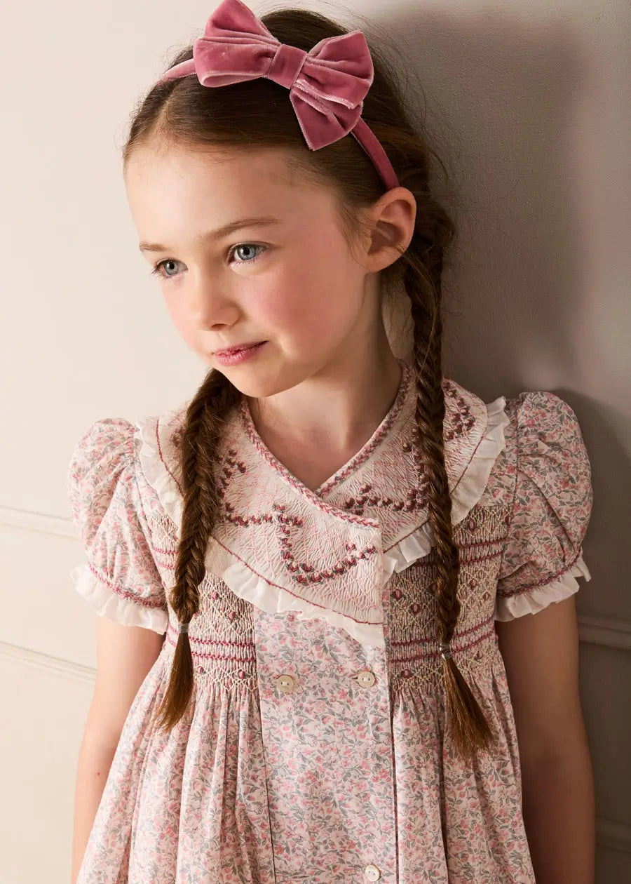 Adelaide Floral Double Breasted Embroidered Long Sleeve Dress in Pink (18mths-10yrs) Dresses from Pepa London US